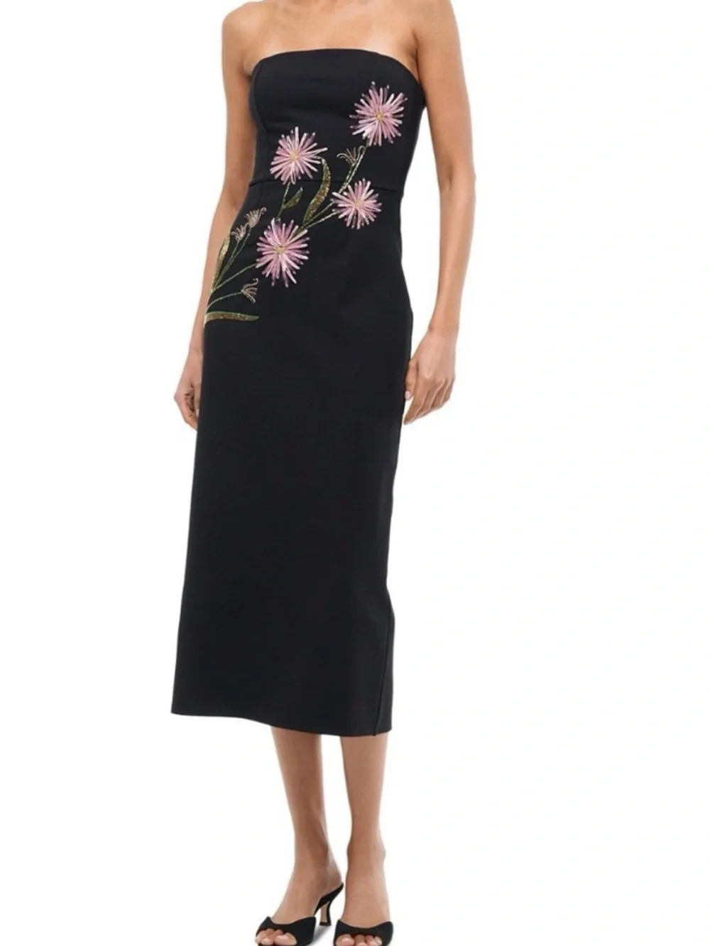 STAUD Brooke Floral Beaded Strapless Cocktail Midi Dress in Dahlia Daydream - Picture 3 of 11